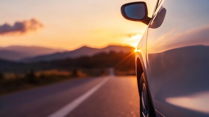 Aufkleber - Dramatic sunset view of a car parked on an open road symbolizing freedom and travel experiences : Generative AI