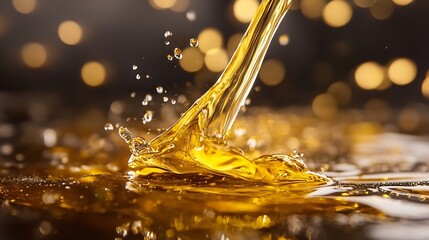 Leinwandbilder - Golden Liquid Splashes Captured Against a Stylish Blurry Background in a Dynamic CloseUp : Generative AI