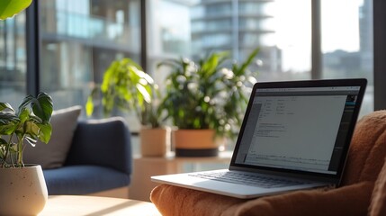 Poster - Sunny indoor workspace with laptop and green plants creating a refreshing work environment : Generative AI