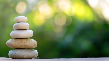 Fototapete - Stacked smooth pebbles arranged in balanced harmony against a blurred green background promoting tranquility and wellness : Generative AI