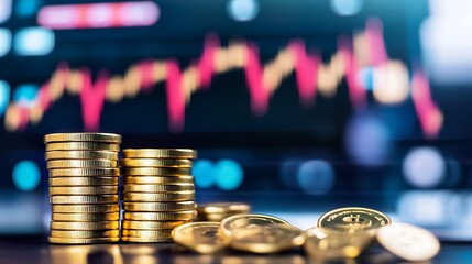 Fototapete - Stacks of shiny gold coins with cryptocurrency charts in background representing digital financial growth : Generative AI