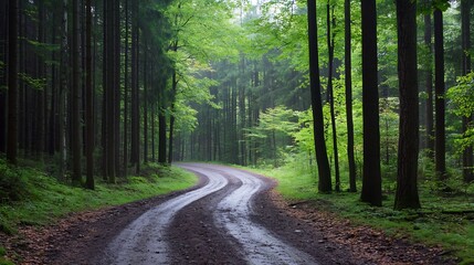 Aufkleber - Serene winding forest path surrounded by lush green trees fostering tranquility and connection with nature : Generative AI