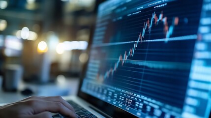 Leinwandbilder - Close up of a laptop screen displaying stock market trends and financial data in a modern working environment : Generative AI