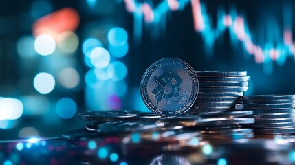 Fototapete - Cryptocurrency coins stacked on a vibrant trading platform highlighting digital finance and investment trends : Generative AI