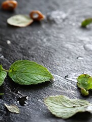 Aufkleber - Fresh mint leaves with water droplets on a dark background creating a vivid and refreshing culinary scene : Generative AI