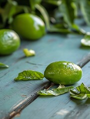 Aufkleber - Fresh green limes scattered on a weathered wooden table amongst vibrant green leaves creating a rustic vibe : Generative AI