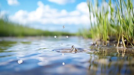 Poster - Serene Water Scene with Droplets and Lush Greenery Under a Bright Sky Captured in Nature : Generative AI