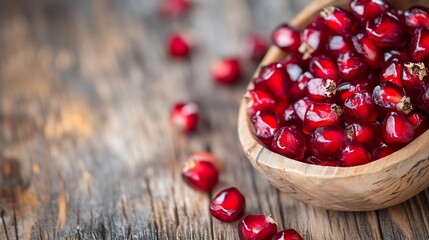 Poster - Fresh pomegranate seeds beautifully arranged in a wooden bowl on rustic wooden table showcasing vibrant color : Generative AI