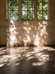 Poster - Artistic Play of Light and Shadows on a Stone Wall from Large Windows Surrounded by Lush Trees : Generative AI