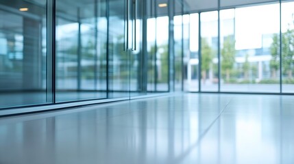 Poster - Contemporary interior scene showcasing sleek glass walls and polished floor in an office building : Generative AI