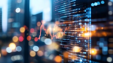 Leinwandbilder - Dynamic stock market display showing fluctuating graphs and data against a vibrant urban skyline : Generative AI