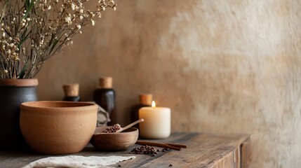 Poster - Rustic arrangement of natural materials including pottery and flowers on a wooden table : Generative AI