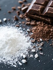 Poster - Assorted chocolate and cocoa powder arranged on rustic dark stone background : Generative AI