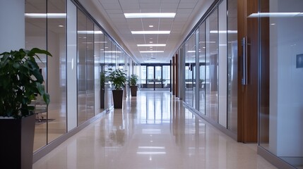 Poster - Stylish office corridor with glass panels and indoor plants creating a fresh work environment : Generative AI