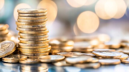 Leinwandbilder - Stack of shiny gold coins glimmering with lights in a blurred background : Generative AI