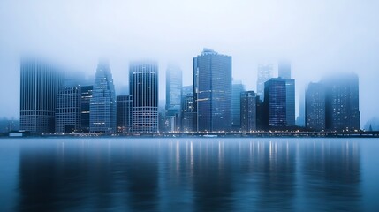 Aufkleber - Mysterious city skyline shrouded in fog reflecting on calm waters creating an ethereal atmosphere of tranquility : Generative AI