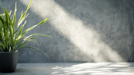 Fototapete - A potted green plant on a textured surface with light casting interesting shadows and angles : Generative AI