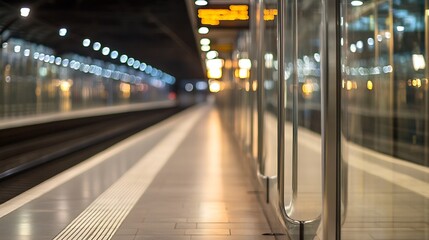 Aufkleber - Modern train station interior featuring illuminated platform with glass reflections and a vibrant urban atmosphere : Generative AI