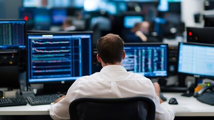 Fototapete - Focused professional analyzing stock market data on multiple hightech monitors in a busy office setting : Generative AI