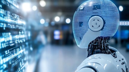 Leinwandbilder - Advanced humanoid robot with a digital interface creating a visually striking technological scene : Generative AI
