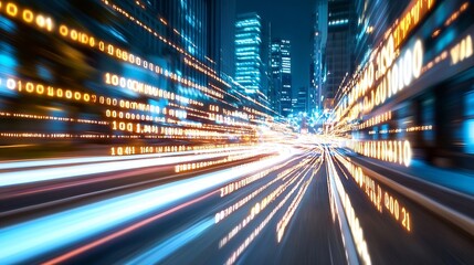 Poster - Dynamic city light trails illustrating fastpaced urban life and technological advancement : Generative AI