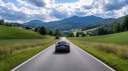 Aufkleber - Beautiful scenic drive through the mountains with a car on a sunny day surrounded by greenery : Generative AI