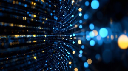 Poster - Abstract futuristic digital space with glowing particles and light trails in blue and gold : Generative AI