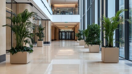 Leinwandbilder - Modern architectural interior with potted plants and sleek design in a spacious hallway : Generative AI