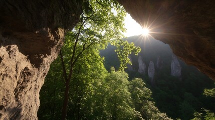 Aufkleber - Sunlight Breaking Through Lush Green Trees in Scenic Mountain Cave View : Generative AI