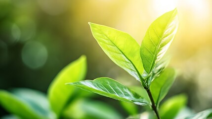 Fototapete - Fresh green leaves illuminated by sunlight in a vibrant natural environment : Generative AI