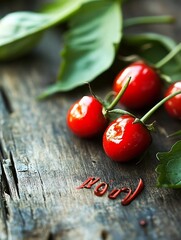 Poster - Vibrant red cherries on wooden surface combined with fresh green leaves for a rustic vibe : Generative AI