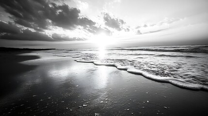 Aufkleber - Monochrome view of waves gently crashing on a sandy beach during a stunning black and white sunset : Generative AI