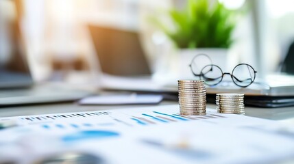 Fototapete - Cozy workspace with stacks of coins financial graphs and a green plant creating a productive atmosphere : Generative AI