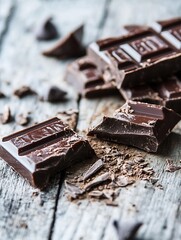 Aufkleber - Delicious dark chocolate pieces scattered over rustic wooden surface showcasing rich texture and flavor : Generative AI