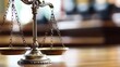 © Generative AI - Elegant bronze scales of justice shining in a courtroom setting conveying law and order concepts : Generative AI