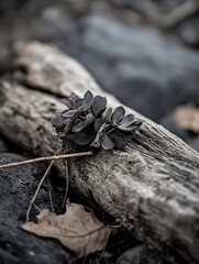 Poster - CloseUp of Pine Cone and Dry Leaves Resting on Weathered Grayscale Log : Generative AI