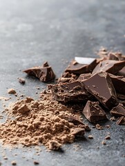 Poster - Close up of freshly broken dark chocolate pieces and cocoa powder on a dark background : Generative AI