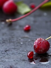 Poster - Fresh red cherries on a dark background glistening with droplets and green leaves highlighting natural beauty : Generative AI