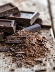 Aufkleber - Rich dark chocolate pieces artistically arranged with cocoa powder on a rustic wooden table : Generative AI