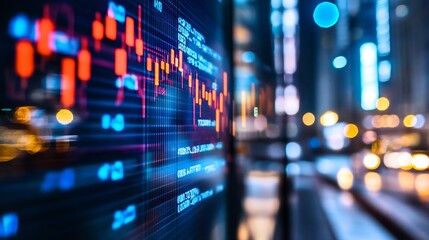Aufkleber - Dynamic stock market chart data displayed on a digital screen illuminated by city lights in the background : Generative AI