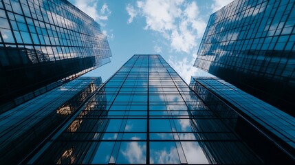 Poster - Impressive Perspective View of Tall Glass Skyscrapers Surrounded by a Bright Blue Sky : Generative AI