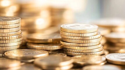Fototapete - Closeup view of golden coins stacked on each other showcasing wealth and prosperity : Generative AI