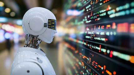 Leinwandbilder - High tech robot with futuristic design against digital code backdrop showcasing innovation in artificial intelligence : Generative AI