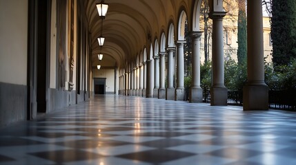 Fototapete - Classic elegant corridor featuring beautiful arches and patterned floor tiles illuminated by soft lighting : Generative AI
