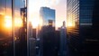 © Generative AI - Stunning sunset lighting reflecting off modern glass skyscrapers in a downtown setting : Generative AI