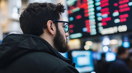 Leinwandbilder - Young man with glasses looking at stock market data on a digital display in a financial setting : Generative AI
