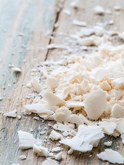 Leinwandbilder - Shredded natural white material on rustic wood surface for creative projects and crafts : Generative AI