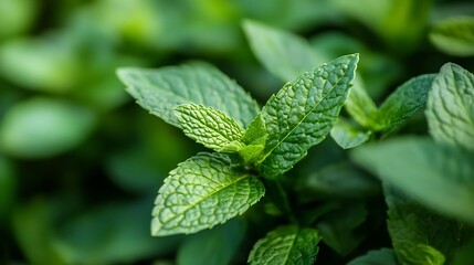 Poster - Fresh green mint leaves close up showcasing natural textures and vibrant colors in organic gardening : Generative AI