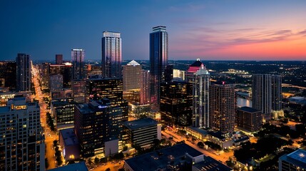 Poster - Stunning aerial view of a vibrant city skyline illuminated at twilight with city lights reflecting off buildings : Generative AI