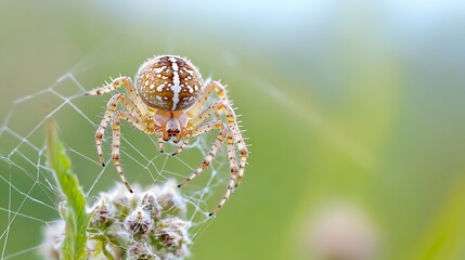 Wall Mural - closeup of colorful spider spinning web in a lush green environment highlighting nature's intricacie